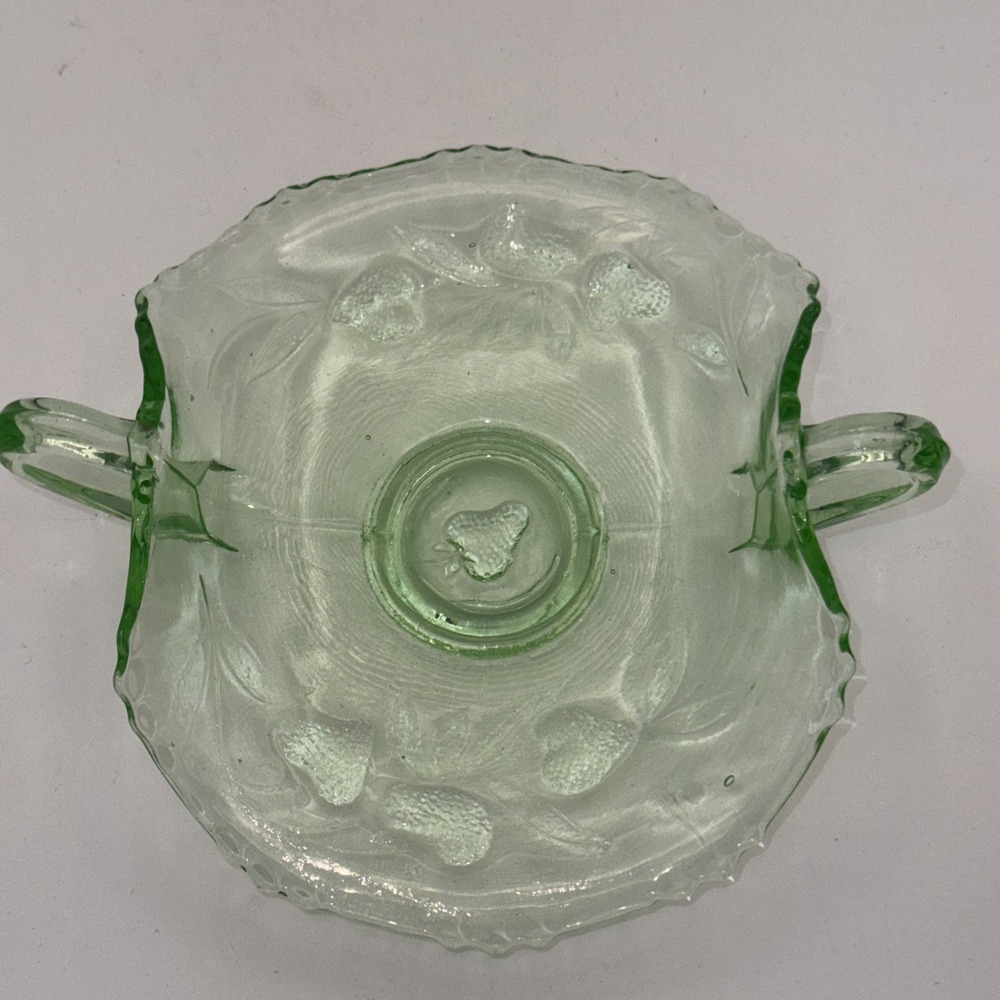 Vtg Fenton Uranium Green Strawberry Pattern Handled Bon Bon Dish Glows #0521